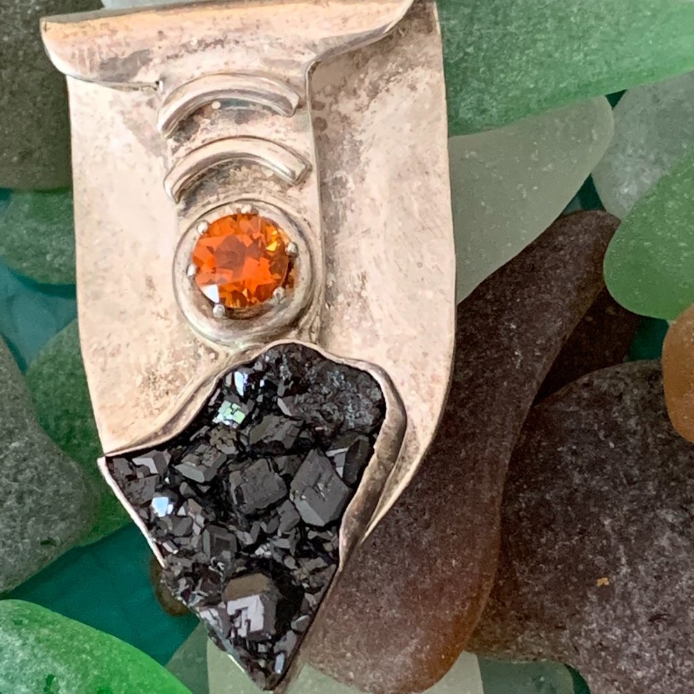 Silver Pendant Black Druzy Crystal